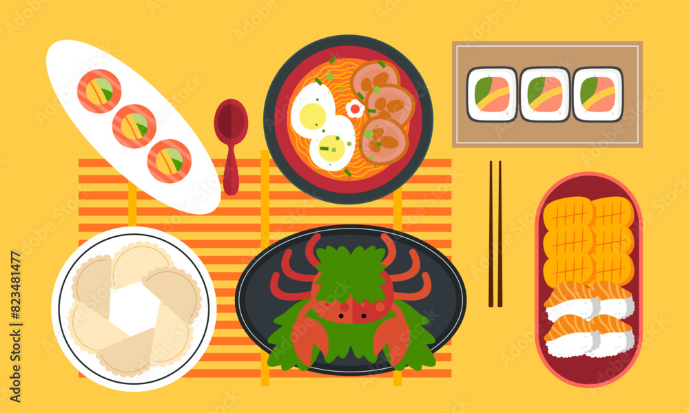 Asian kitchen. A lot of different seafood logo Asian kitchen. A lot of different seafood logo