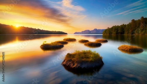 Floating islands on the surface of a lake at sunset