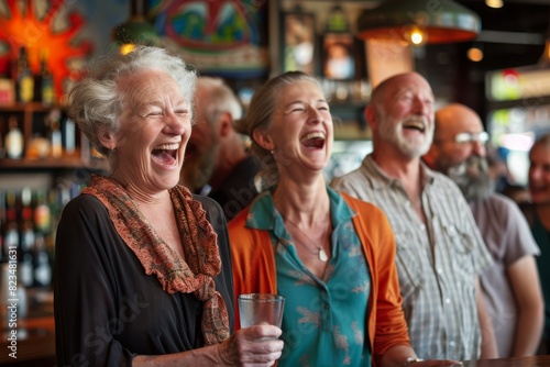 Group of seniors having fun in a pub. They are laughing and drinking beer.