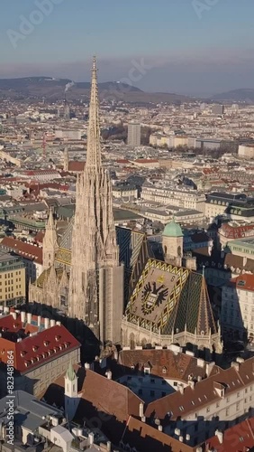 Aerial view of St. Stephen's Cathedral in Vienna. Vertical video