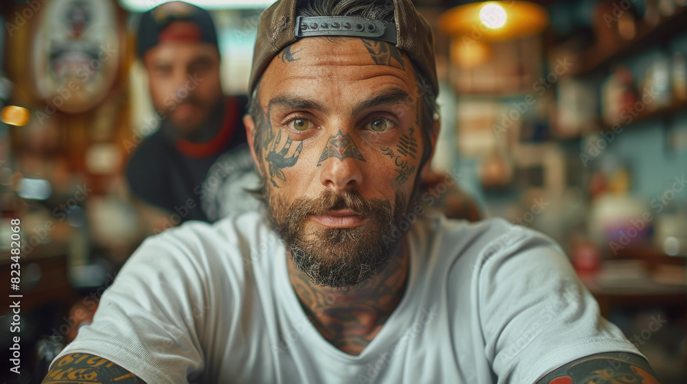 A man with tattoos in a tattoo parlor, dark stylish fashion photo of a tattoo artist. generative ai