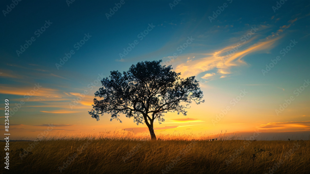Lone tree at sunset. Serene landscape with lone tree silhouetted against a golden sunset sky. Perfect for nature and travel themes.