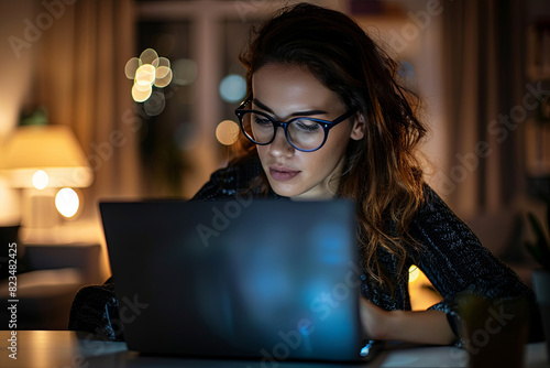 Businesswoman working late on laptop in dimly lit home office