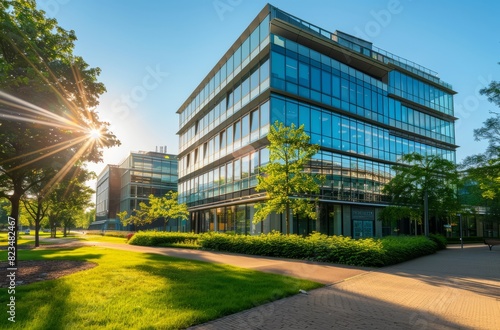 A modern office building with glass facades  surrounded by greenery and trees on the outside. The sun is shining brightly in a clear blue sky