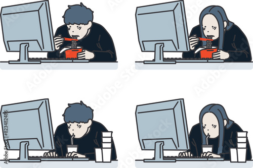 Illustration of a person sitting in front of a computer eating ramen and coffee