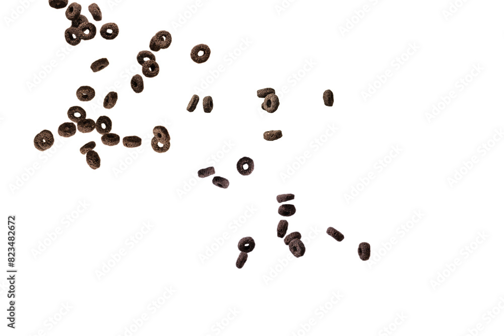 Chocolate rings cereal spill out into a bowl. Breakfast. Chocolate rings cereal spill out into a bowl. Breakfast.