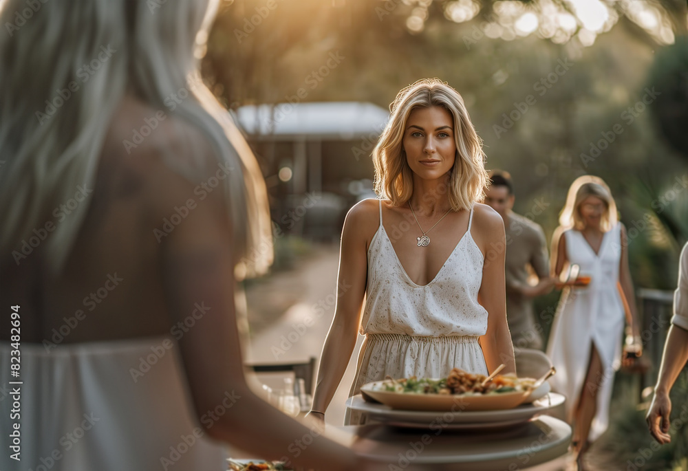 Female in white dress playing with children outside. Female in white dress playing with children outside.