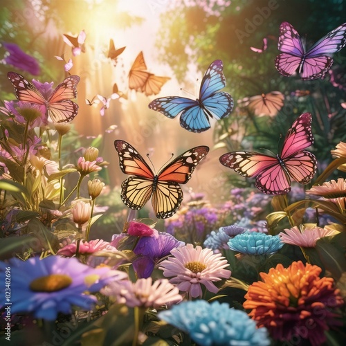 a colorful butterfly garden scene  where multiple butterflies with diverse and vibrant patterns flutter around a variety of flowers