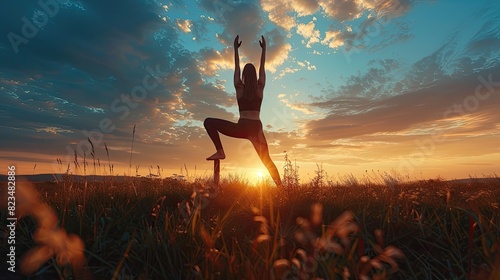 A woman is doing yoga in a field with a beautiful sunset in the background. Concept of peace and tranquility, as the woman is focused on her practice and the natural beauty of the surroundings photo