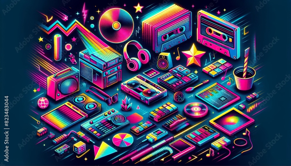 Retro futuristic set of objects and details with neon lights and geometric shapes in cyberpunk style Retro futuristic set of objects and details with neon lights and geometric shapes in cyberpunk style