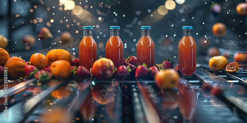 A drink production line with bottled juice
 photo
