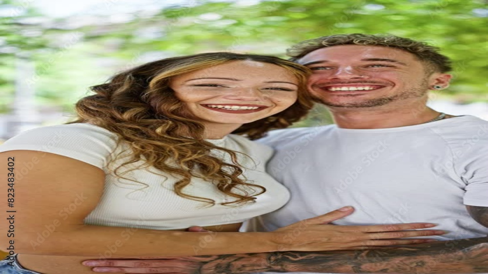 A joyful woman and tattooed man embracing outdoors surrounded by greenery, showcasing love and happiness. A joyful woman and tattooed man embracing outdoors surrounded by greenery, showcasing love and happiness.