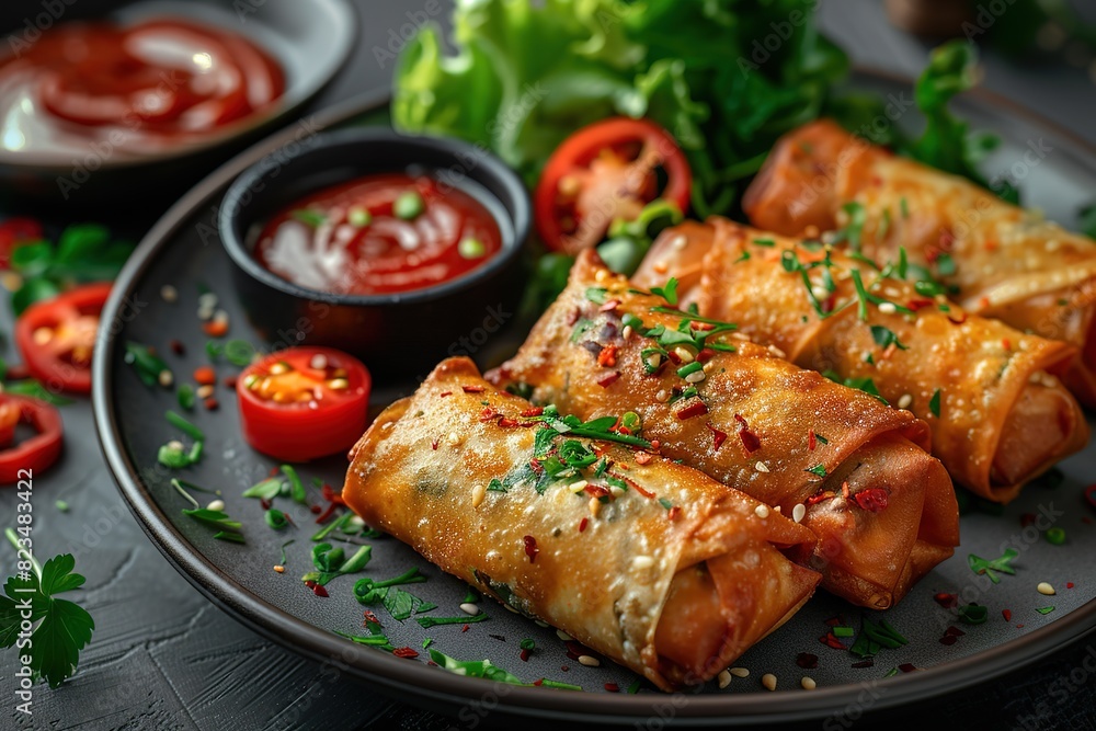 fried spring rolls on a plate with salad, horizontal view from above fried spring rolls on a plate with salad, horizontal view from above