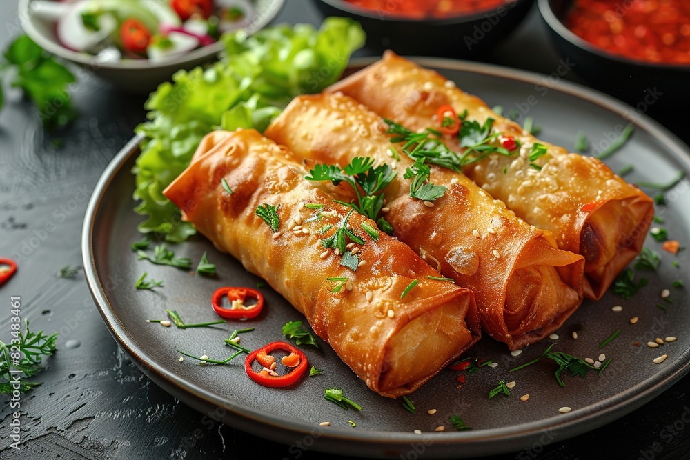 fried spring rolls on a plate with salad, horizontal view from above fried spring rolls on a plate with salad, horizontal view from above