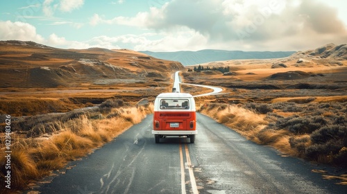 A red and white camper van driving during road trip photo