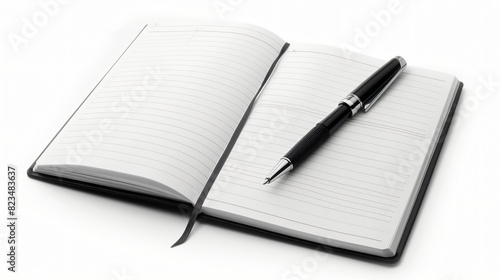Open notebook with blank sheets and pen isolated on wh