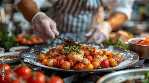 Close-up of a chef's hands tossing seared scallops with cherry tomatoes in a pan