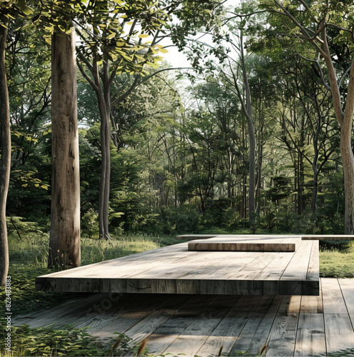 wooden platform in forest and meadow, natural light, soft atmosphere, natural materials, modern design © Kholoud