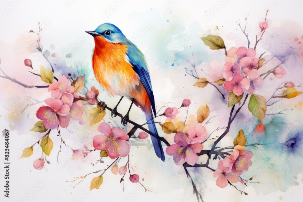 Artistic illustration of a colorful bird perched on a branch adorned with delicate watercolor flowers