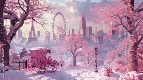 A pink winter wonderland with a pink carriage, pink trees, and a pink ferris wheel in the distance.   © Muzamil