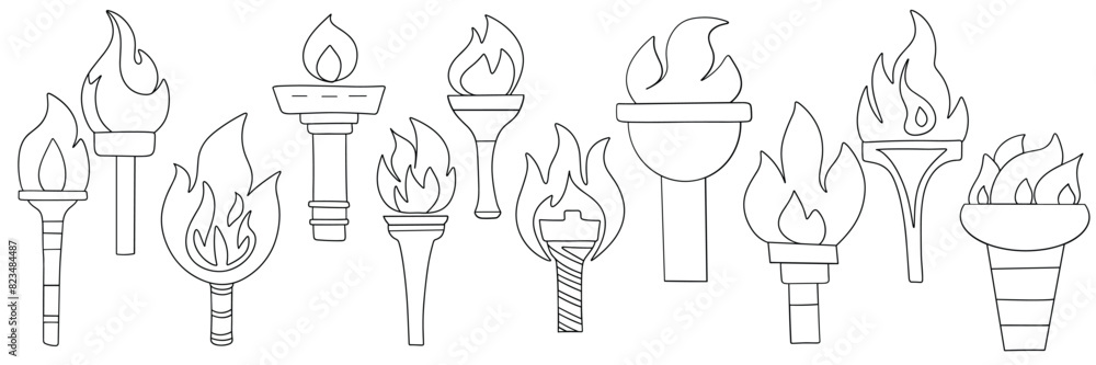 Collection of torches with flame in doodle style outline. Hand drawn vector art. Collection of torches with flame in doodle style outline. Hand drawn vector art.