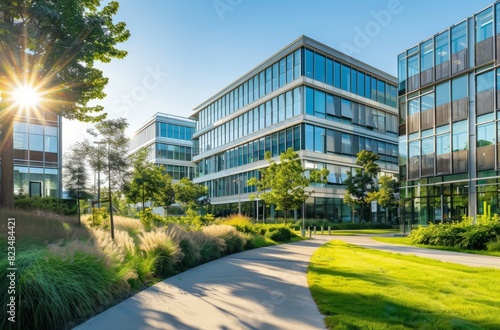A modern office building with glass facades, surrounded by greenery and trees on the outside. The sun is shining brightly in a clear blue sky