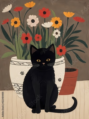 Floral Black Cat Painting Generative AI Illustration 