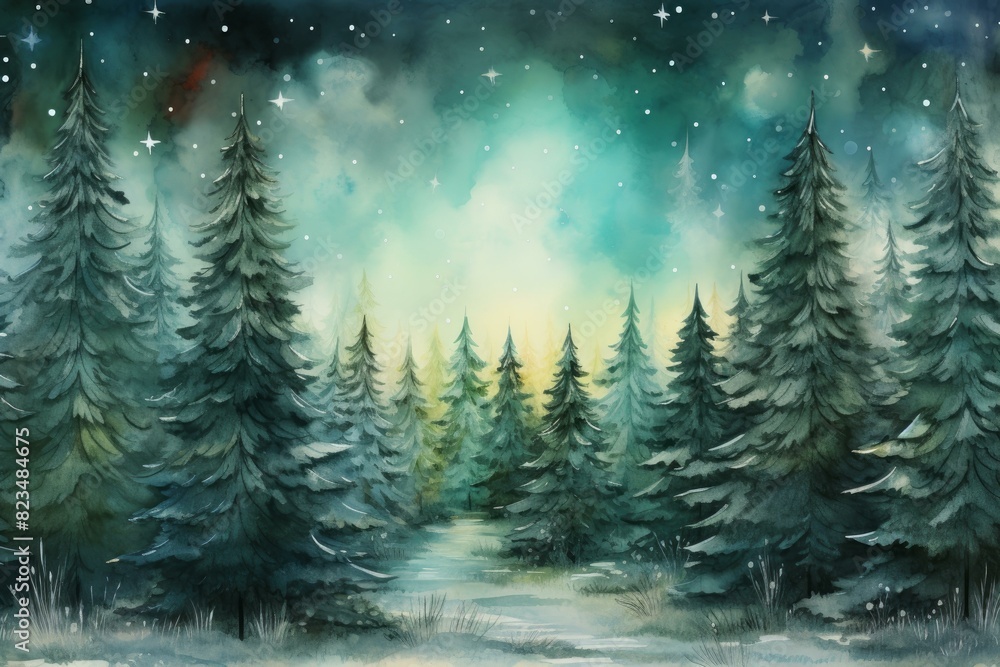 Naklejka premium Artistic watercolor painting of a serene snow-covered forest with starry night sky
