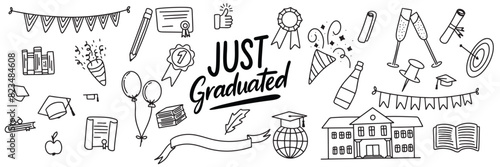 Collection of Graduation icons set in doodle style. Hand drawn vector art.