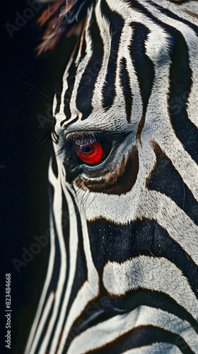 closeup of zebra head with red eye