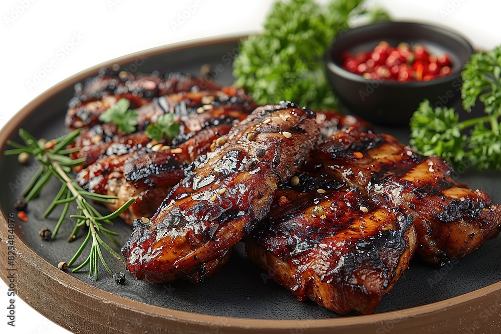 A plate of grilled meat with a side of herbs and spices A plate of grilled meat with a side of herbs and spices