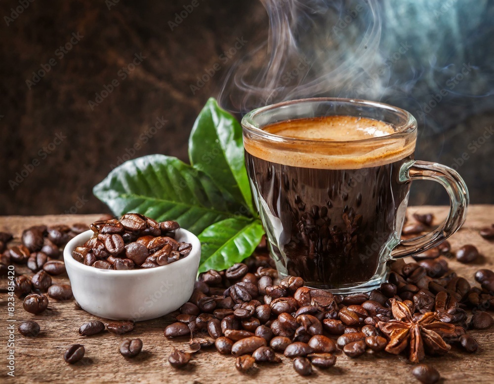 Heißer Kaffee mit Kaffeebohnen Heißer Kaffee mit Kaffeebohnen