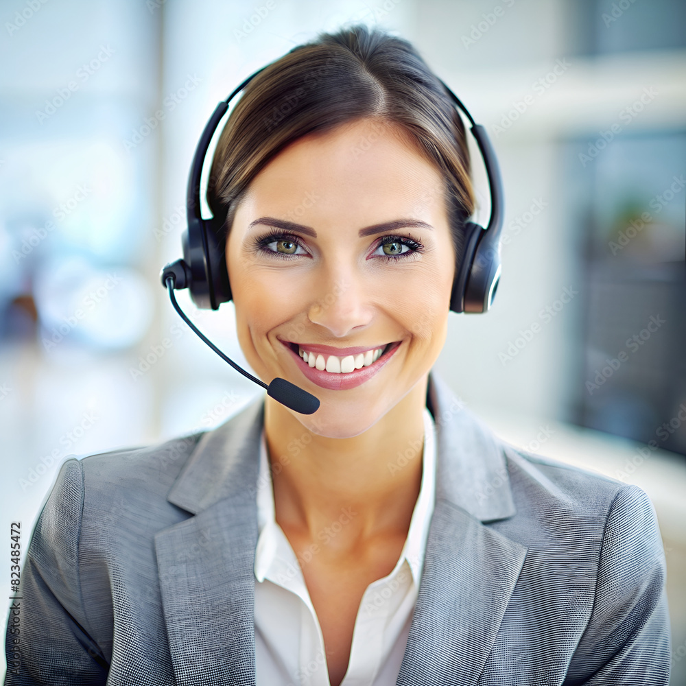 Smiling customer service representative wearing a headset, ready to assist clients professionally Smiling customer service representative wearing a headset, ready to assist clients professionally