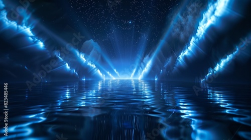 Abstract dark futuristic blue night background. Rays and lines, lightning, lights. Blue neon light, symmetrical reflection in water, futuristic landscape, stage. 3D illustration. --ar 16:9 Job ID: 0fa