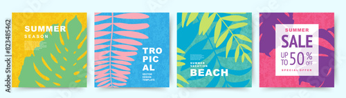 Summer backgrounds with tropical palm leaves. Design templates in minimalist modern art style. Jungle and beach theme. Editable vector illustration