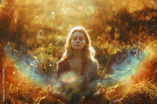 Captivating Image of a Charming Fantasy Woman Deeply Immersed in Peaceful Meditation,Surrounded by the Vibrant,Glowing Energy of the Natural World