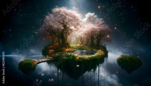 Surreale Szene einer schwebenden Insel im Weltraum mit Sternen. Die Insel zeigt einen wilden Kirschgarten im Frühling mit Kirschblüten, einem Teich und einer Brücke photo