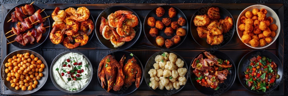 Hot Beer Snacks Set, Wine Snack Collection, Antipasti Buffet of Grilled Prawns, Chicken Wings Barbecue Hot Beer Snacks Set, Wine Snack Collection, Antipasti Buffet of Grilled Prawns, Chicken Wings Barbecue