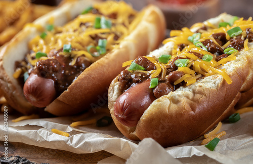 Chili hot dogs with shredded cheddar cheese and chopped green onions