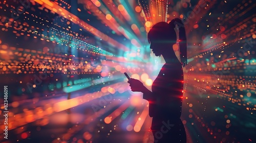 Concept of digital transformation, high-speed internet app, and global internet network connection, abstract background. A woman uses a mobile phone to transfer digital data using the high-speed   photo