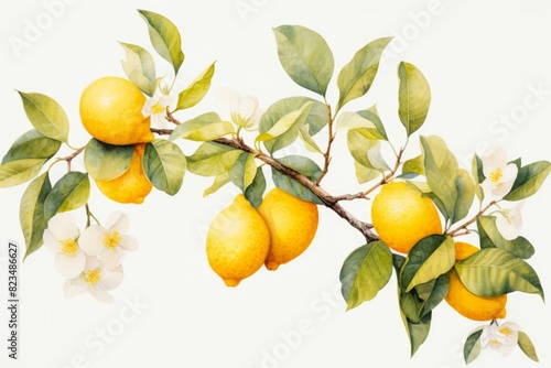 Elegant watercolor illustration featuring a lemon branch adorned with ripe fruit and delicate flowers