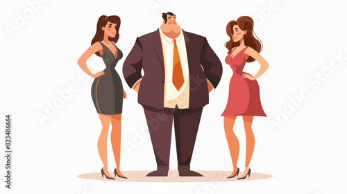 Illustration of a big man with two beautiful girls on a white background. Big boss. An overweight man with two slender girls.