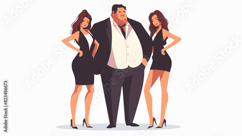 Illustration of a big man with two beautiful girls on a white background. Big boss. An overweight man with two slender girls.