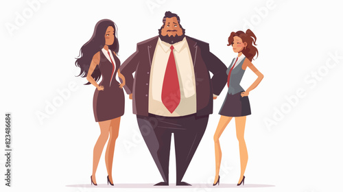 Illustration of a big man with two beautiful girls on a white background. Big boss. An overweight man with two slender girls.