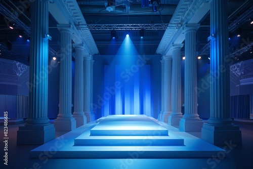 Dramatic Blue Illuminated Architectural Stage with Elegant Columns and Stairs - Luxurious and Ornate Indoor Setting for Ceremonies,Performances,and Events photo