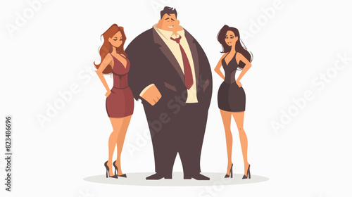 Illustration of a big man with two beautiful girls on a white background. Big boss. An overweight man with two slender girls.