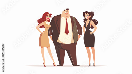 Illustration of a big man with two beautiful girls on a white background. Big boss. An overweight man with two slender girls.