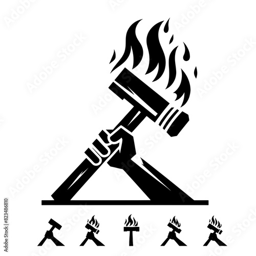 silhouette illustration hammer on fire vector