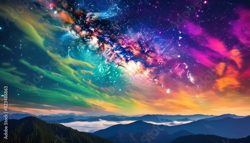 a beautiful night sky full of stars; the milky way; shimmering in rainbow colors; clouds; hyper realistic; detailed ciel, coucher de soleil, nuage, soleil, nature, nuage, paysage, lever du soleil,  photo