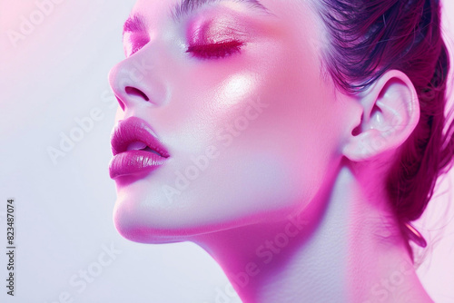 Close fashion magazine style beauty shot with professional model with purple and pink tones makeup.Macro.AI Generative.